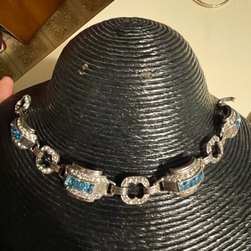 Vintage Sterling Silver Bracelet With Clear And Blue Gems